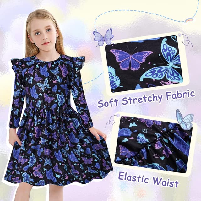 Detalle de VASCHY robe de fille en coton imprimé licorne à manches longues courtes (3 à 10 ans)