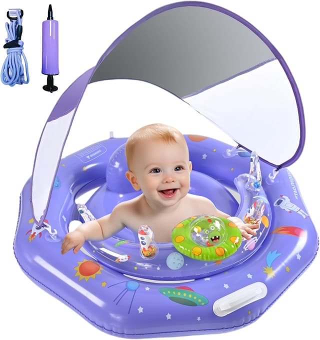 Detalle de GEEQUFLOAT Baby Pool Float with Canopy, Interactive Play Console & Adjustable Safety Seat