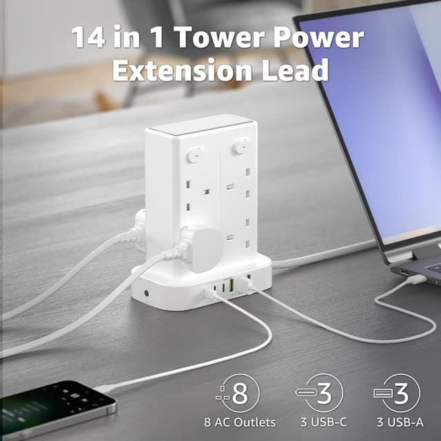 Thumbnail 1 de Tower Extension Lead with USB Slots 8 Way