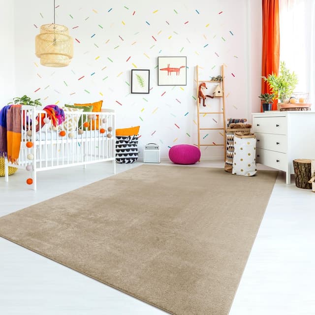 Detalle de TT Home tapis de jeu rond pour chambre d’enfant (200 cm) en polyester lavable, beige foncé