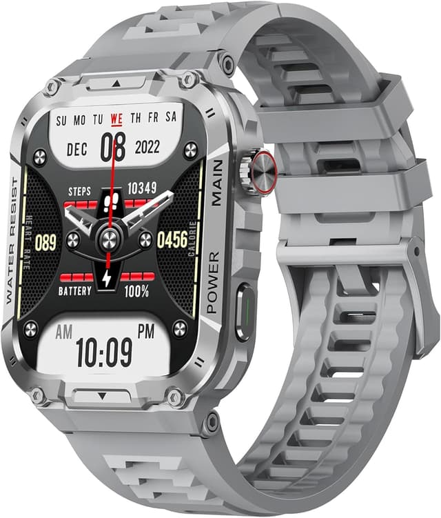 Detalle de Military Smart Watch for Men with Call Function (Gray) – Waterproof fitness tracker for Android & iPhone