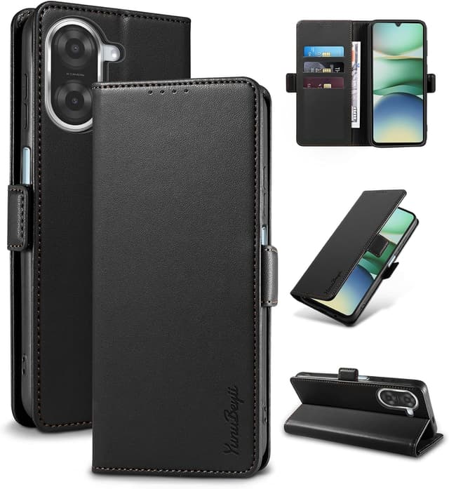 Detalle de Yunubeyii Handyhülle für Xiaomi Redmi A5 mit RFID-Blocker, Kartenfächern und Magnetverschluss (Klapphülle mit Ständer) – Schwarz