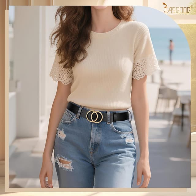 Detalle de JasGood Damen Ledergürtel mit Doppel-O-Ring Schnalle (Vintage) für Jeans, Hosen & Kleider