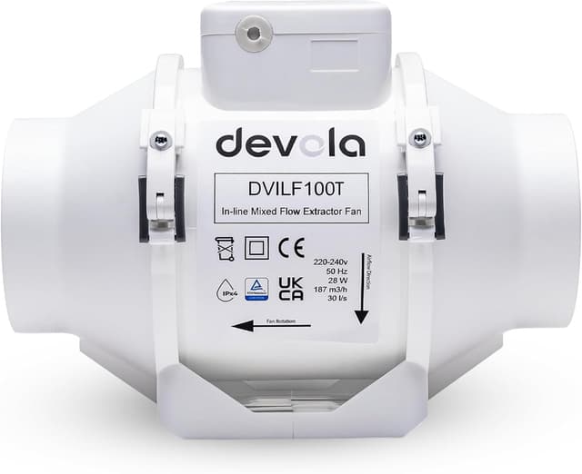 Detalle de Devola DVILF100T 100mm Inline Mixed Flow Extractor Fan with Timer (4 inch) – made in Britain