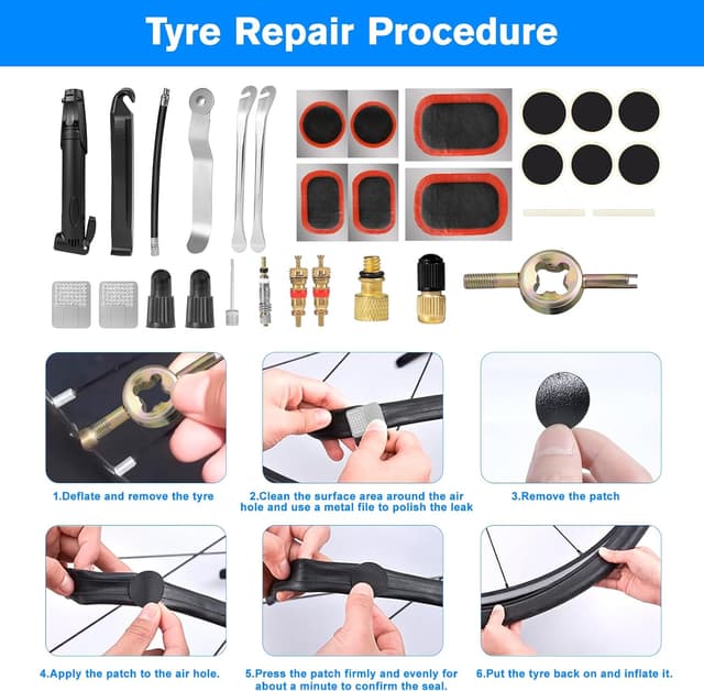 Detalle 2 de Carehabi 39 PCS Kit de réparation de vélo (crevaison) avec outil 16 en 1 et mini-pompe 120 PSI