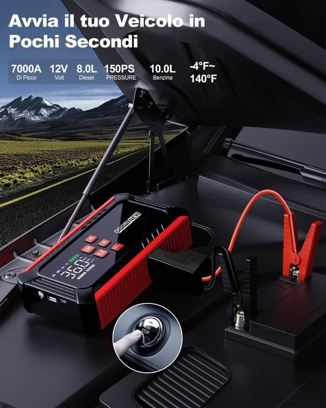 Detalle 2 de OGORI NEW Booster Avviamento Auto con Compressore e Torcia LED da 12V (7000A)