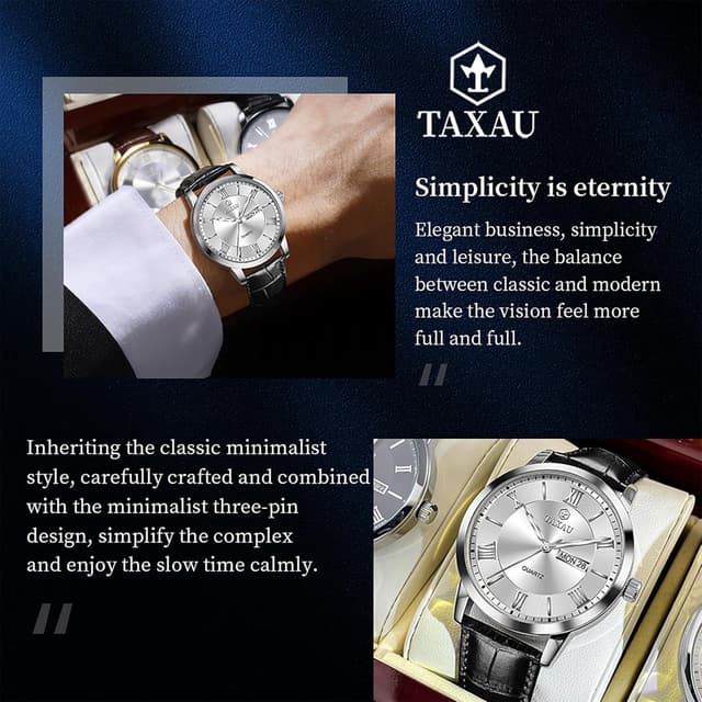 Detalle de Taxau Herrenarmbanduhr aus Leder mit großem Zifferblatt, Quarzwerk, Datum und 3ATM-Schutz