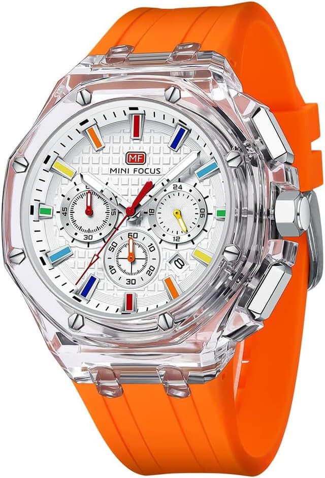 Detalle de MF MINI FOCUS Mini Focus Men Watches : montre quartz multifonction à cadran analogique transparent, bracelet silicone