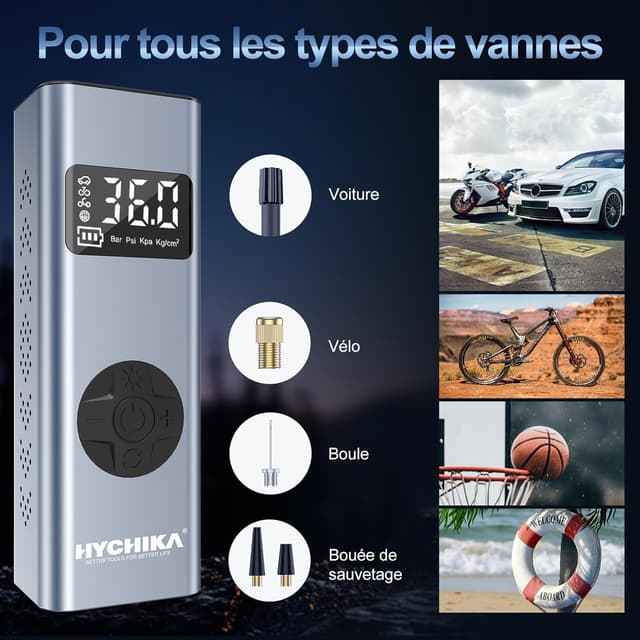 Detalle 2 de HYCHIKA Mini compresseur à air portable 12V 6000mAh avec écran LCD et lampe LED