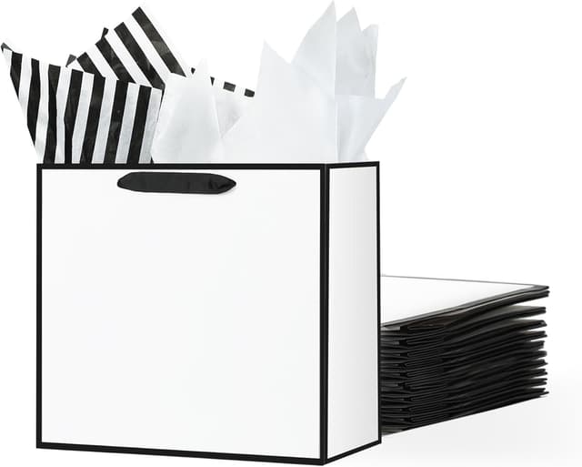 Detalle de Offizon 12 Pack 12.5 inch White Gift Bags with Black & White Tissue Paper
