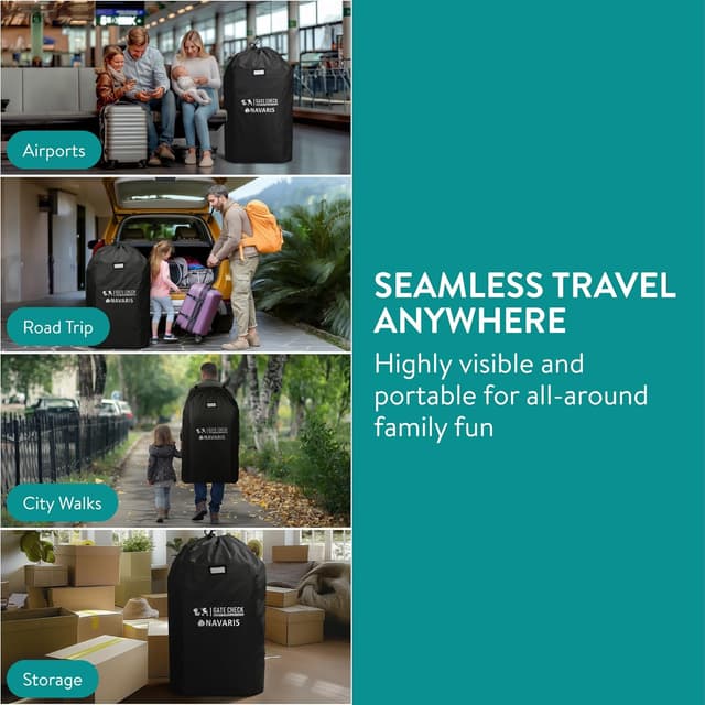 Detalle de Navaris Gate Check Transport Bag for Baby Seat (Waterproof 210D) – Black, 114 x 53 x 35cm