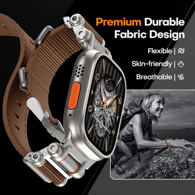 Detalle de TAURI Rugged Braided Nylon Apple Watch Ultra Strap (49mm) with Stainless Steel Connectors – Adjustable Woven Band in Brown