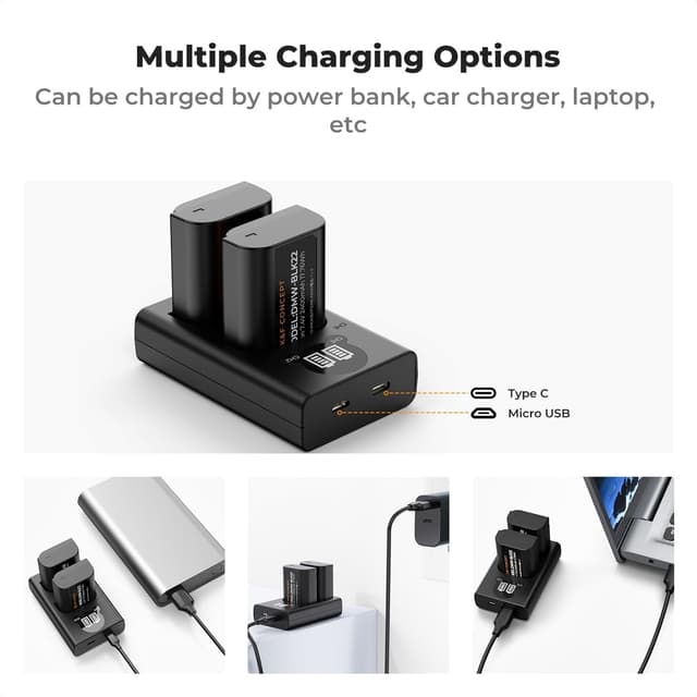 Detalle de K&F CONCEPT 2-Pack DMW-BLK22 battery and dual-slot LCD charger set