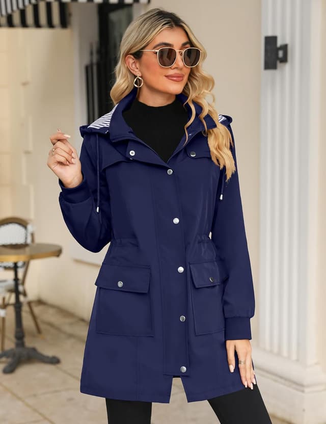 Detalle 2 de Bloggerlove Women’s Lightweight Rain Jacket (Waterproof Windbreaker, Hooded, Striped Lining) – S–XXL