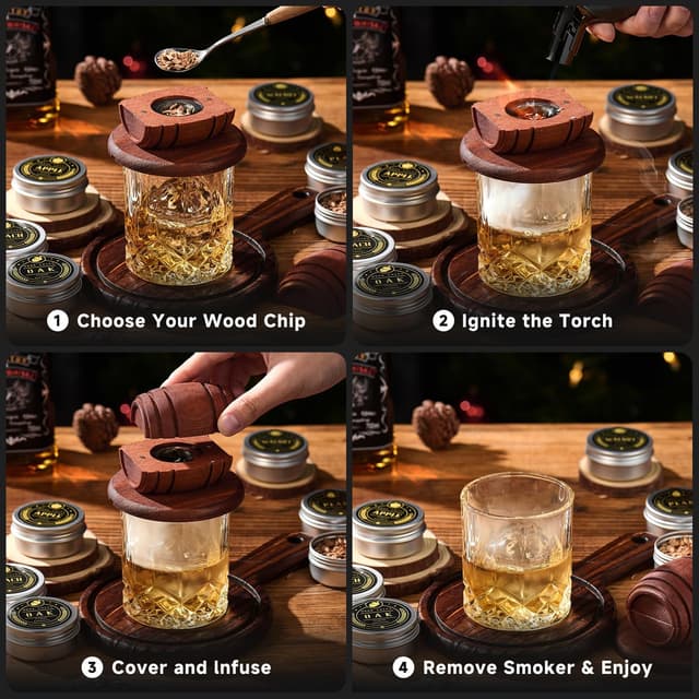 Thumbnail 6 de ComboJoy Whiskey Smoker Kit with Torch (No Butane) – Cocktail Smoker Infuser, 6 Wood Chip Flavours, 2 Glasses & Ice Ball Moulds