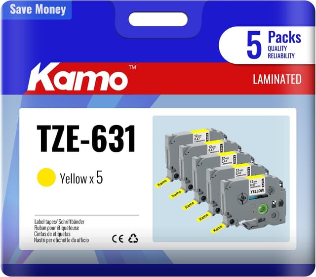 Detalle de kamo Bänder kompatibel mit Brother P-touch (12 mm, gelb) für TZe-631 / PT-Hxx & mehr – 5er-Pack