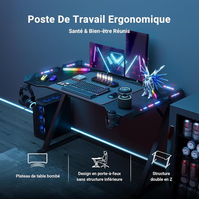 Thumbnail 6 de Bureau gaming Claiks avec RGB LED, 140x60 cm (plateau fibre de carbone) et accessoires