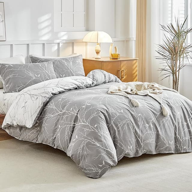 Detalle de Tokokimo 4PCS King Size Duvet Cover Set with Fitted Sheet and Pillowcases (Botanical Branches, Grey) – Microfibre bedding