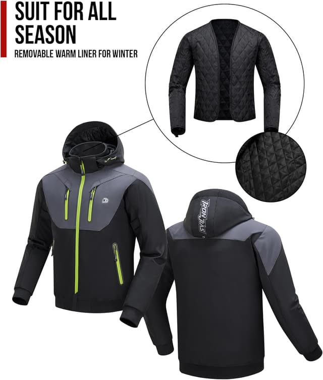 Detalle de BORLENI Herren Winter Motorradjacke mit herausnehmbaren CE-Protektoren (wasserabweisend, winddicht) inkl. Innenfutter, XXXL