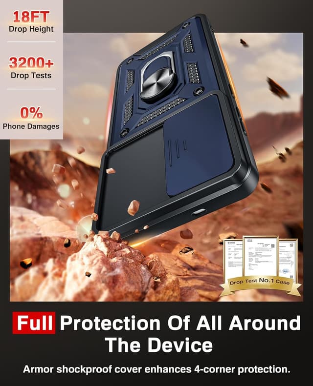 Detalle de LeYi rugged phone case for Samsung Galaxy S25 Edge with sliding camera cover, ring stand and 2 screen protectors (Blue)