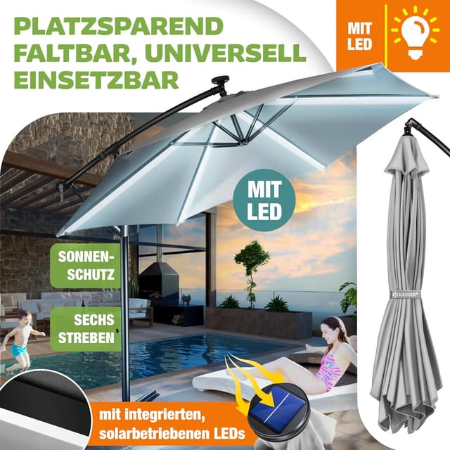 Detalle de KESSER® Alu Ampelschirm LED Solar mit 24 LEDs, Solar, Kurbel und 360° Drehfunktion inkl. Abdeckung & Fernbedienung