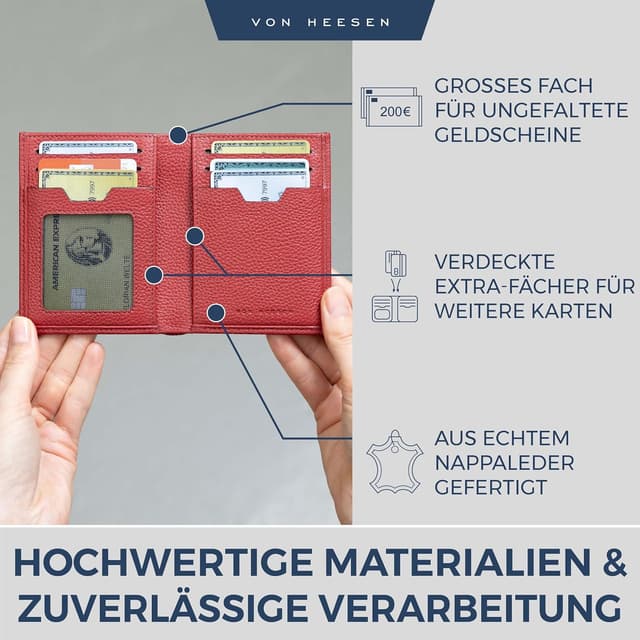 Detalle de VON HEESEN Leder-Geldbörse für Herren mit Münzfach und RFID-Schutz (Rot)