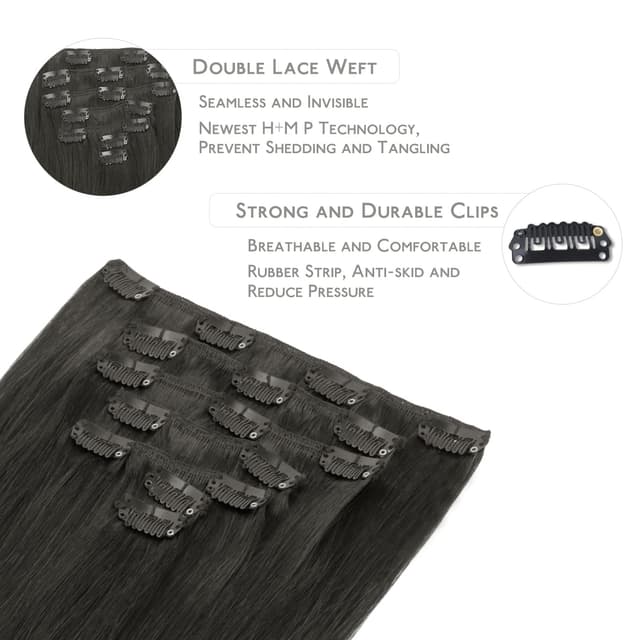 Detalle 1 de WENNALIFE Clip-in Echthaar Extensions, 70 g (7 Stück) in natürliches Schwarz – mit 16 Clips