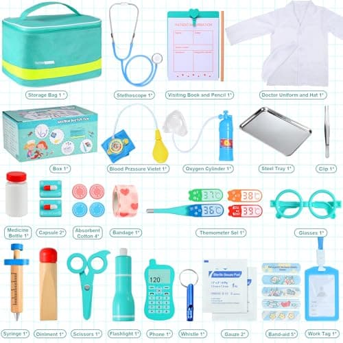 Detalle 2 de Perbabe Maletín médico de madera con estetoscopio real y kit de rol (32 piezas) para niños
