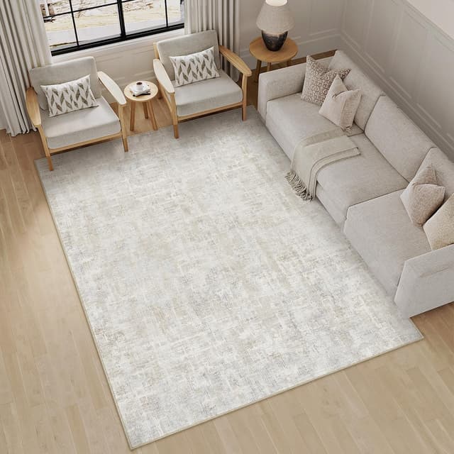 Detalle de PureCozy Beige-Grau Teppich für Wohnzimmer, 160x230 – kurzflorig, waschbar und rutschfest