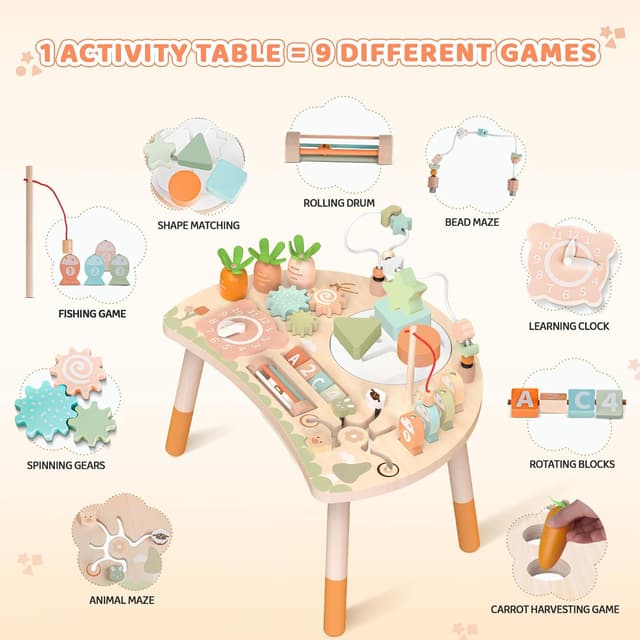 Detalle de Holz-Aktivitätstisch für Kinder (9-in-1) – Montessori Spieltisch ab 1 Jahr