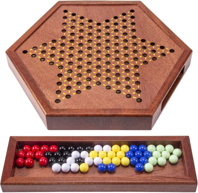 Detalle 2 de AMEROUS 12.5-Inch Wooden Chinese Checkers Set with Storage Drawer (60 Acrylic Marbles + 12 Spare)