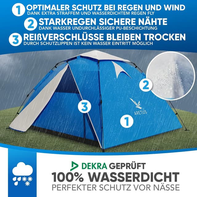 Detalle de Aretus Wurfzelt für 2–4 Personen (Pop-up, Automatik) – wasserdicht & extra groß