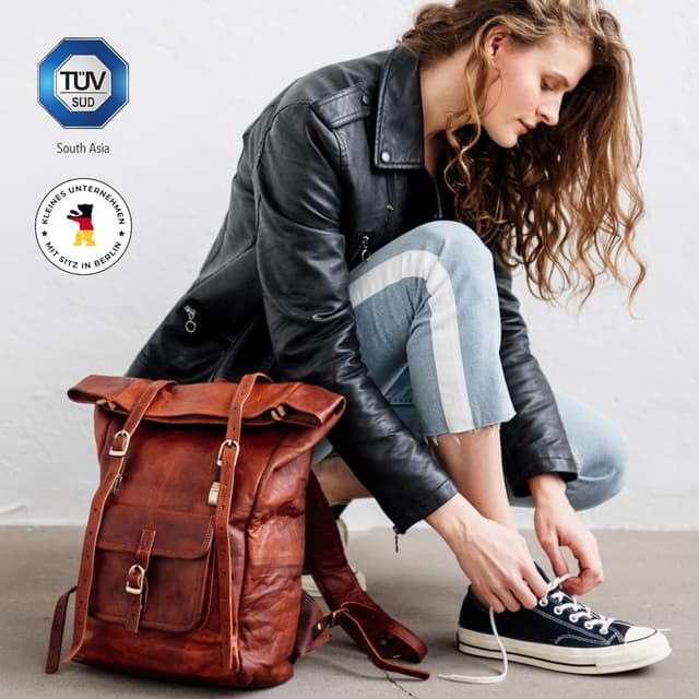 Detalle de Berliner Bags Vintage Rucksack „Leeds M“ aus Leder mit 15-Zoll-Laptopfach – Fahrradrucksack mit Rolltop