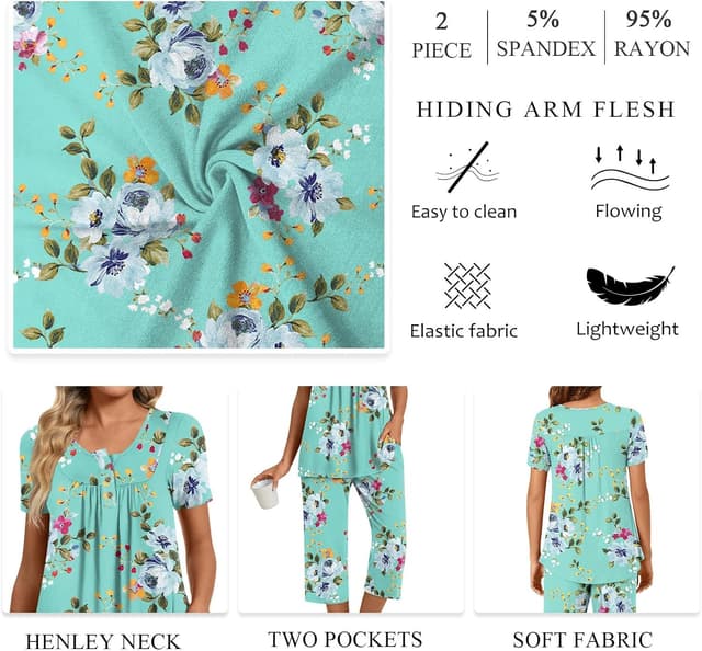 Detalle de COFNEW Women’s Summer Pajama Sets (2-Piece) Short Sleeve Top & Capri Pants with Pockets (Plus Sizes)