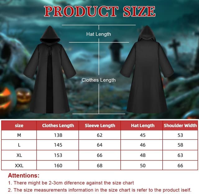 Detalle de AOOWU Jedi Black Cape – deep-hooded black cloak for adult cosplay, vampire & party costumes