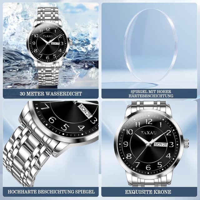 Detalle de Taxau Edelstahl Herrenarmbanduhr mit wasserdichtem Design (30 m), Quarzwerk und Multifunktions-Zifferblatt