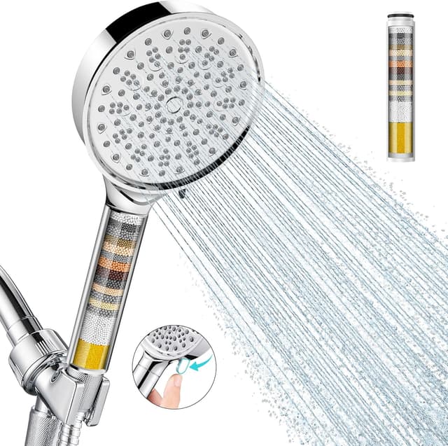 Detalle de Cobbe Filtered Shower Head with Handheld (6 Spray Modes, KDF-55 Media, Chrome)