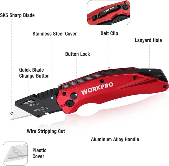Detalle de WORKPRO Cutter Professionnel Pliant avec mécanisme de changement rapide – 10 lames SK5 incluses