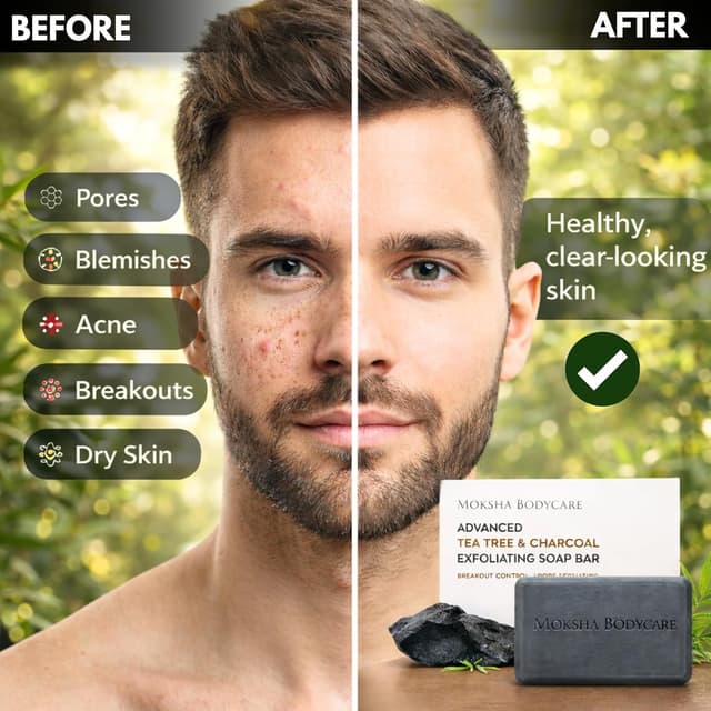 Detalle de Moksha Soaps barre de savon exfoliant huile d’arbre à thé et charbon de bois