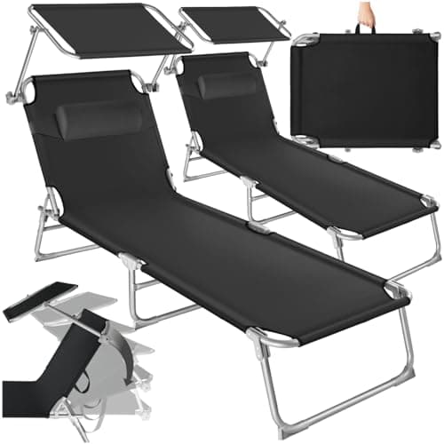 Detalle de tectake Set de 2 tumbonas de jardín plegables con parasol y respaldo regulable (110 kg máx., negro)