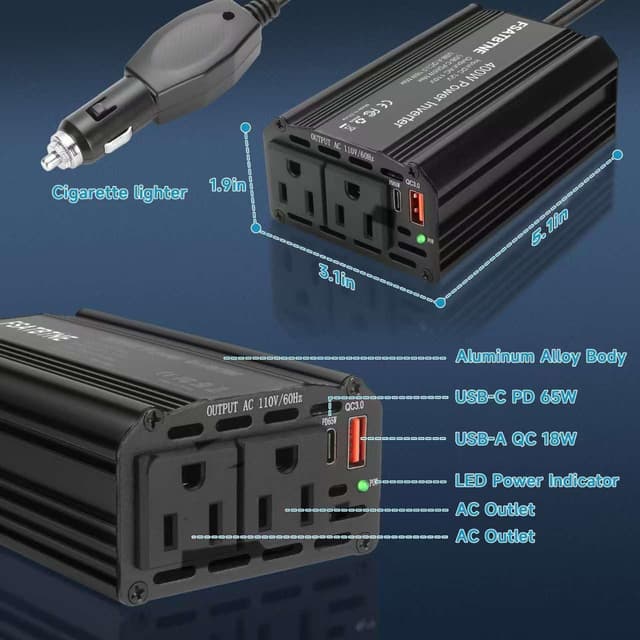Detalle 1 de FSATBTNE 400W Power Inverter (DC 12V to 110V AC) with 65W USB-C, 18W USB-A, and 2 AC Outlets