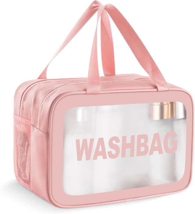 Detalle de Boic Clear Toiletry Bag (Large) – PVC Waterproof Clear Travel Washing Bag with Handles & Zips, Pink