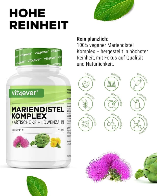 Detalle de Mariendistel Artischocken Löwenzahn Komplex – 240 Kapseln (4 Monatsvorrat) mit 80% Silymarin & 2,5% Cynarin