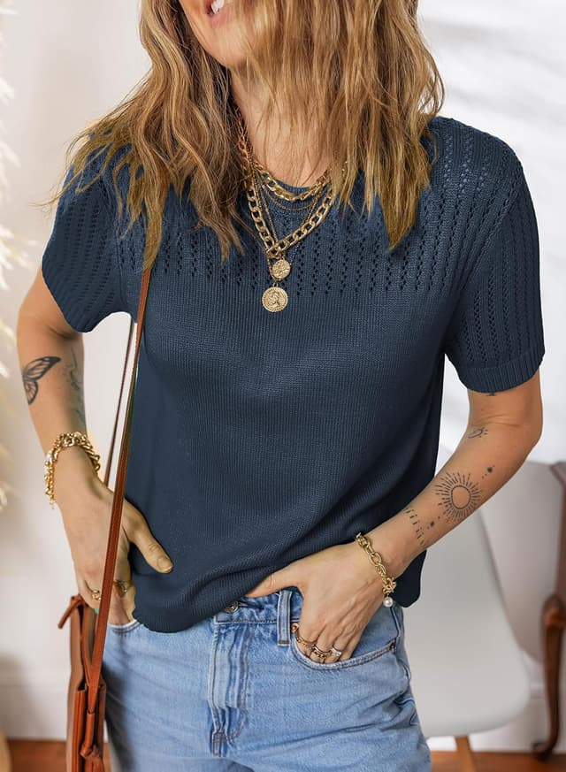 Detalle 2 de Dokotoo Women’s Hollow Out Crewneck Short Sleeve Knit Sweater Top (Loose Fit)