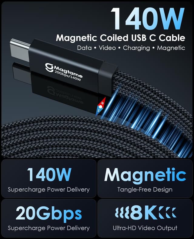 Detalle 2 de Magtame magnetisches USB‑C zu USB‑C Kabel mit 20 Gbps, 8K@60 Hz und 140 W PD