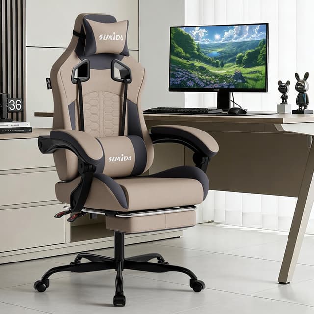Detalle de SUKIDA Gaming Stuhl mit Fußstütze, Kopfstütze und verstellbarer Rückenlehne (beigegrau)