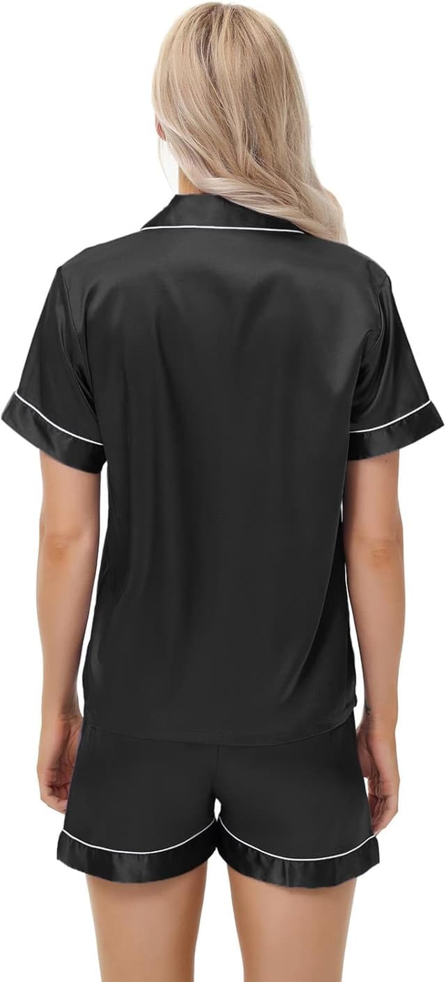 Detalle de TinyChoice 3-Piece Silk Satin Pajama Set for Women (Short Sleeve Button-Down Top + Shorts + Long Pants)