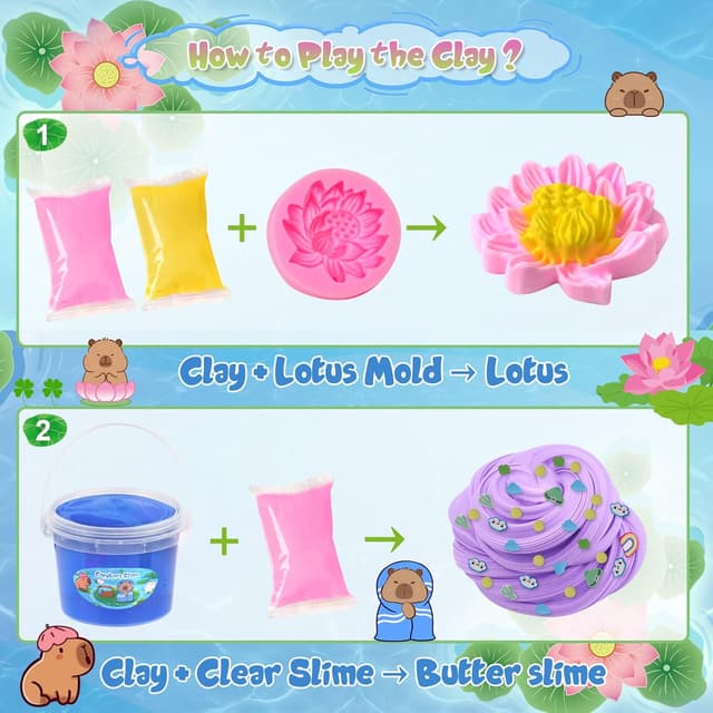 Detalle 2 de Joytry Capybara Slime Kit (10oz) with 8 Mix-Ins and Clay, Clear Non-Sticky Kids Slime Bucket for Ages 8–12