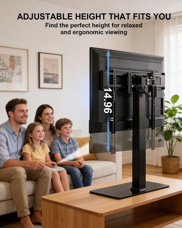 Detalle de Universal Motorized TV Mount with Remote (Tempered Glass Base) — Electric Height Adjustment for Desktop or Floor