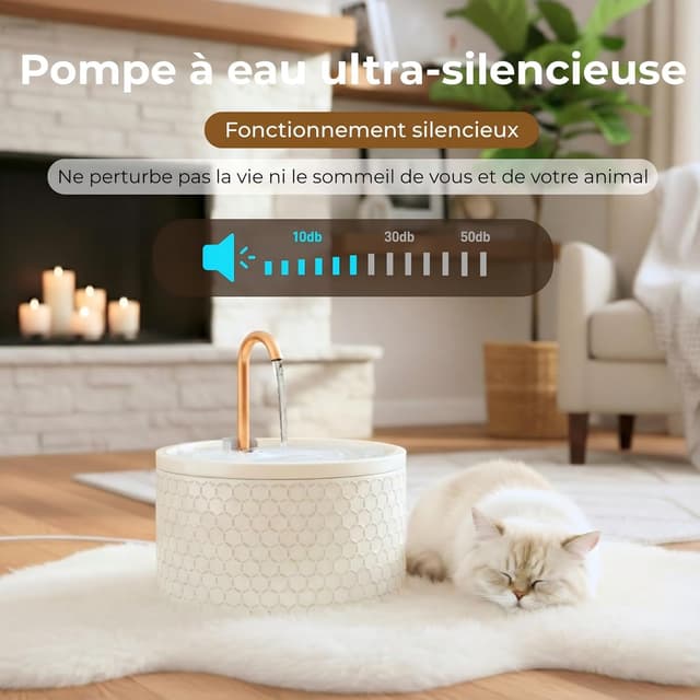 Detalle de Fontaine à eau pour chat MISFANS en céramique 2,1 L – design nid d’abeille et filtration